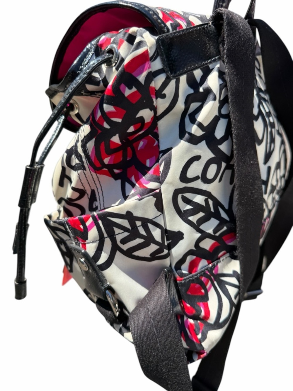 Coach Poppy Floral Canvas Drawstring Backpack - Black, White & pinkish F16582 - Picture 6 of 9